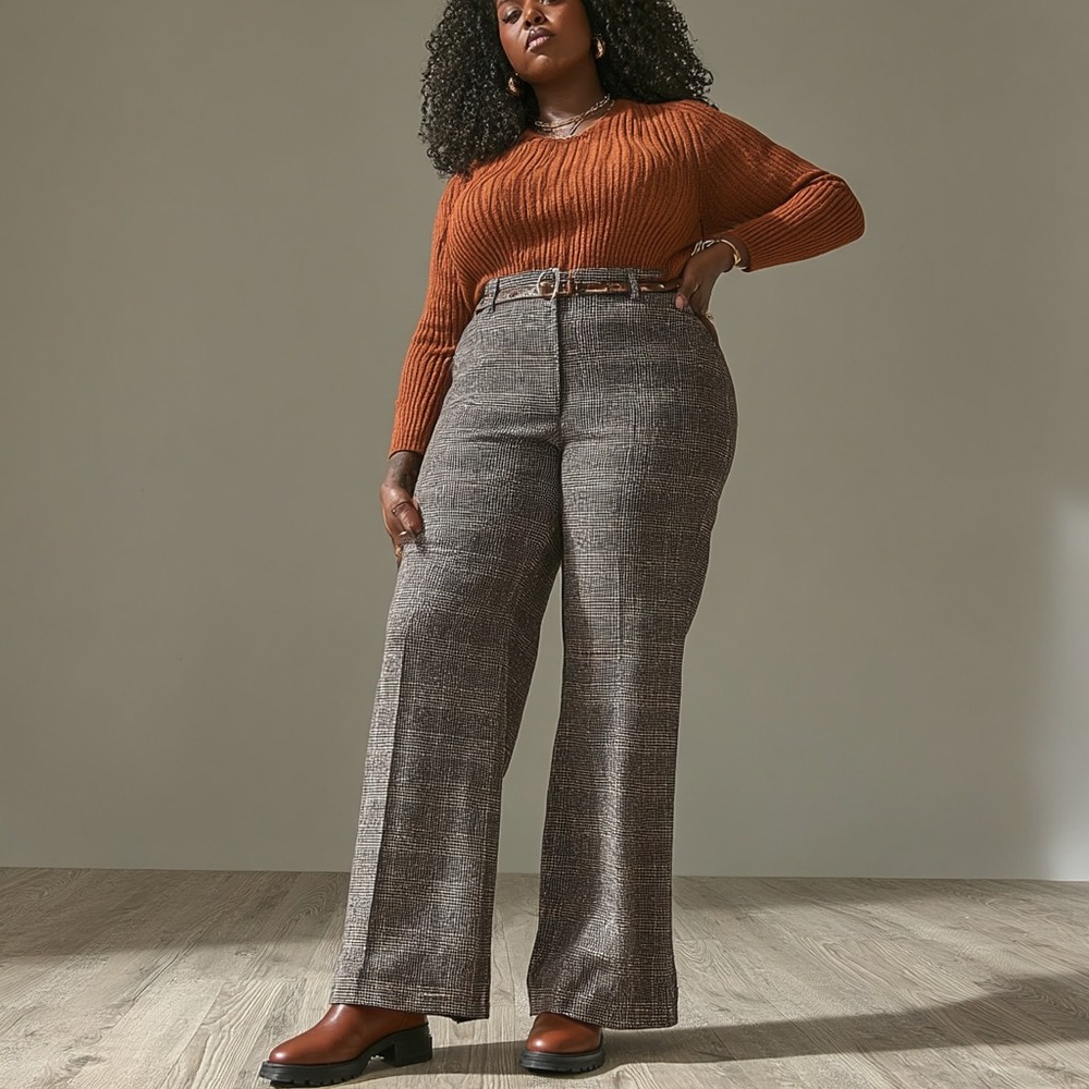Women's 14 Brown Glen Plaid Trousers Wide Leg Work Academia Preppy Dress Barn‎